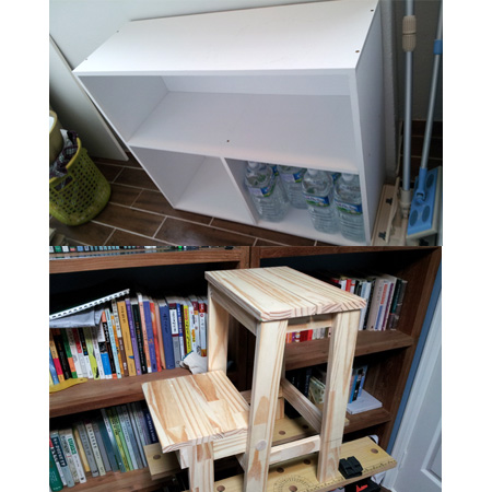 코팅합판=수납장, 집성목1=보조계단 및 의자, 집성목2=스크린받침대