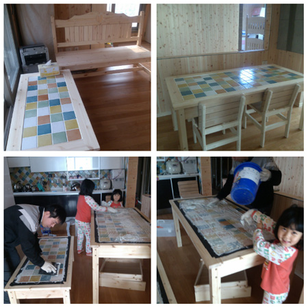 타일식탁과 쌍둥이 좌탁 하트 벤치의자. 거실장. 신발장. 미닫이문 