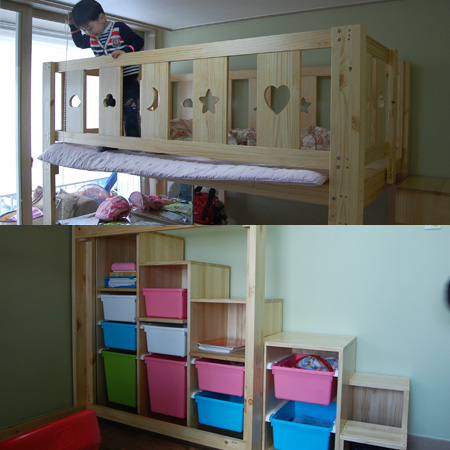 딸아이를 위한 집성목으로 만든 벙커 침대