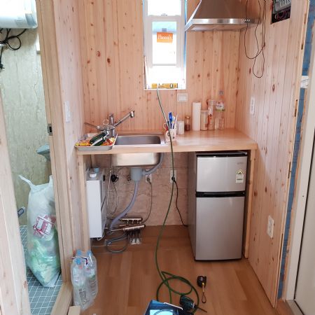 농막 싱크대 자작나무 집성목 상판 작업